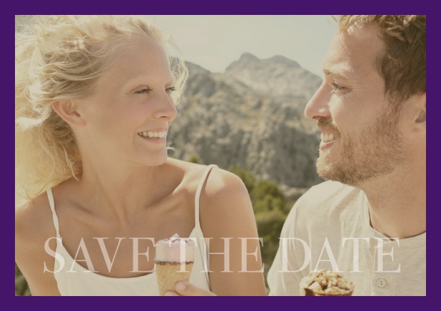 Online photo card with changeable photo and text Save the Date on the bottom. Purple.