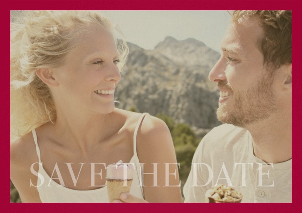 Save the Date photo card for wedding with changeable photo and text Save the Date on the bottom. Red.