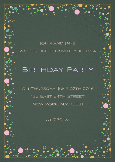 50. birthday invitation card with colorful bubbles on customizable paper color and editable text. Green.