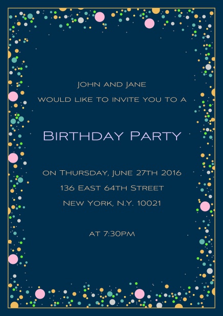 Online 50. birthday invitation card with colorful bubbles on customizable paper color and editable text. Navy.