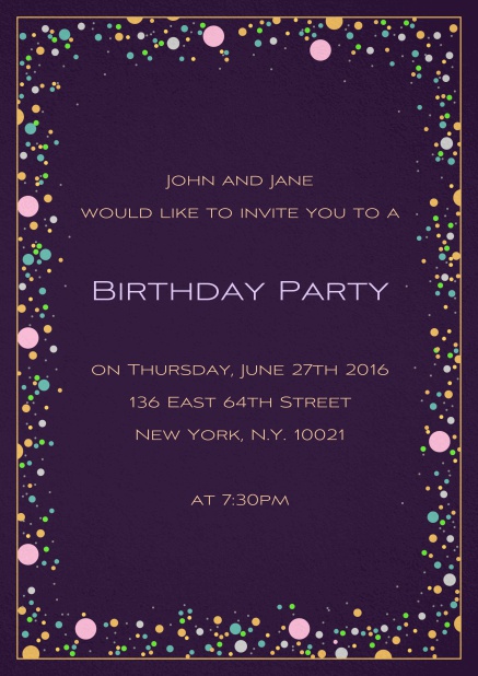 50. birthday invitation card with colorful bubbles on customizable paper color and editable text. Purple.