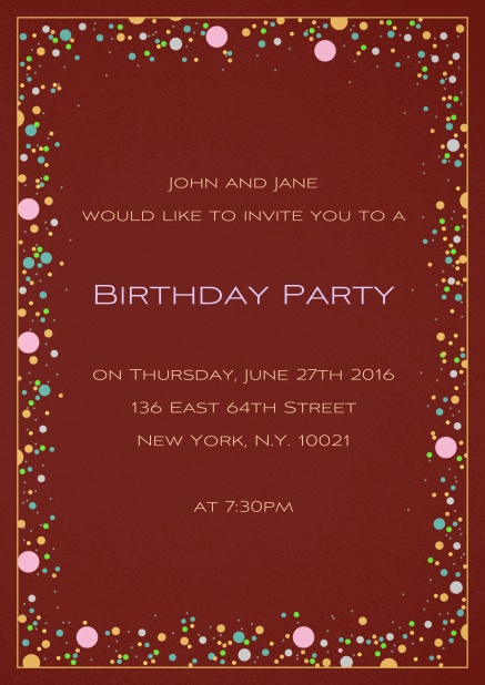 50. birthday invitation card with colorful bubbles on customizable paper color and editable text. Red.