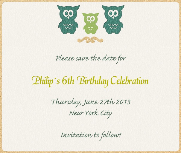 Beige Kids' Birthday Party Save the Date Card with Owl Motif