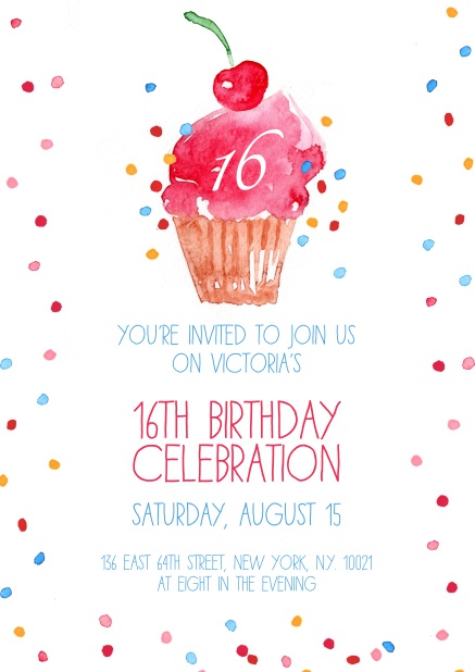 Online invitation with cup cake and confetti for 16th birthday.