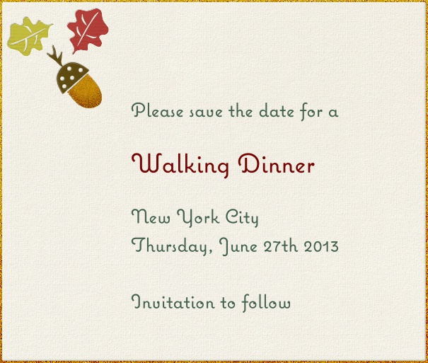 Beige Fall Themed Seasonal Save the Date Card with acorn Fall Leaves motif.