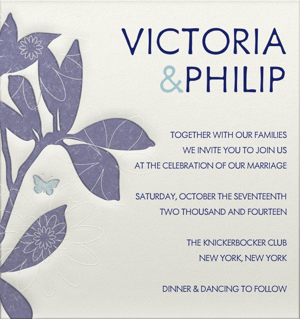 Beige Wedding Invitation with blue text and blue floral border and engraved design.