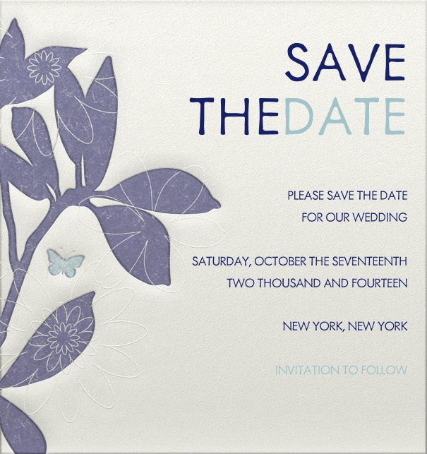 Beige Wedding Save the Date online designed with Blue text and blue floral border and engraved design.