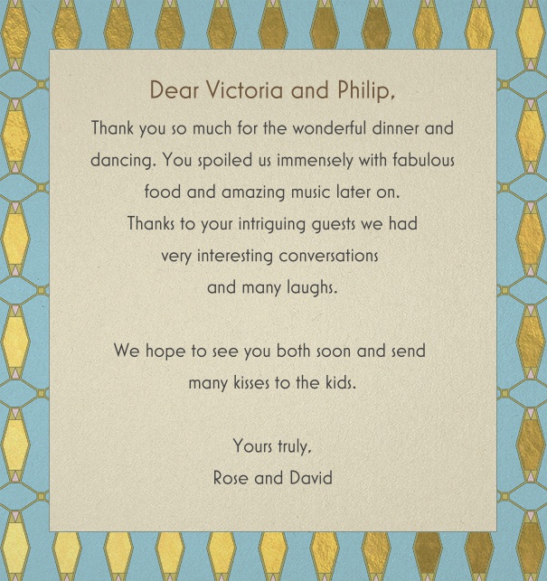 Formal online card with an Art Deco patterned border of turquoise blue and gold flake.