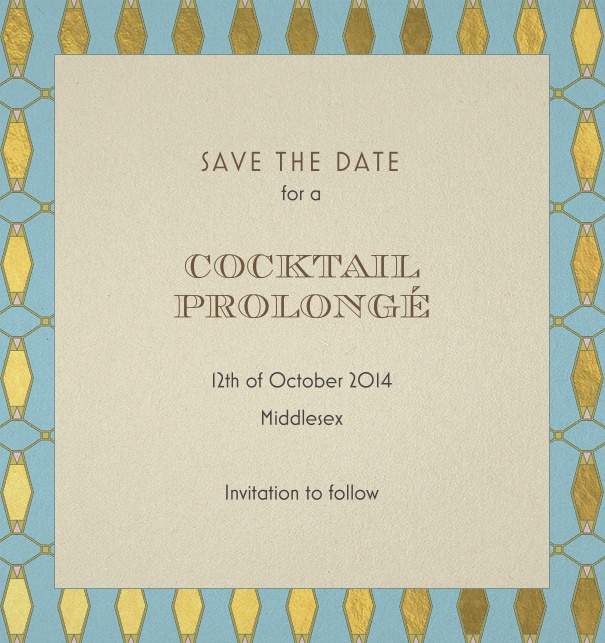 Dark Blue Online Save the Date with Art-Deco Border and green and blue border.
