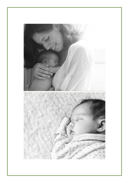 Photo card with two photo fields and boarder which is in several colors available Green.