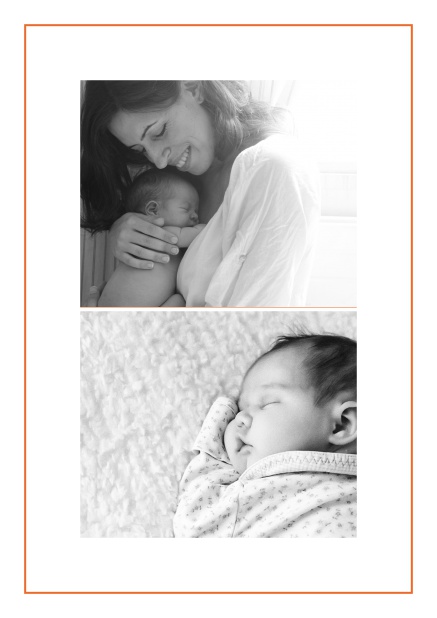 Photo card with two photo fields and boarder which is in several colors available Orange.