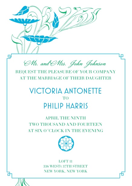 Online wedding invitation card with blue flower decoration.
