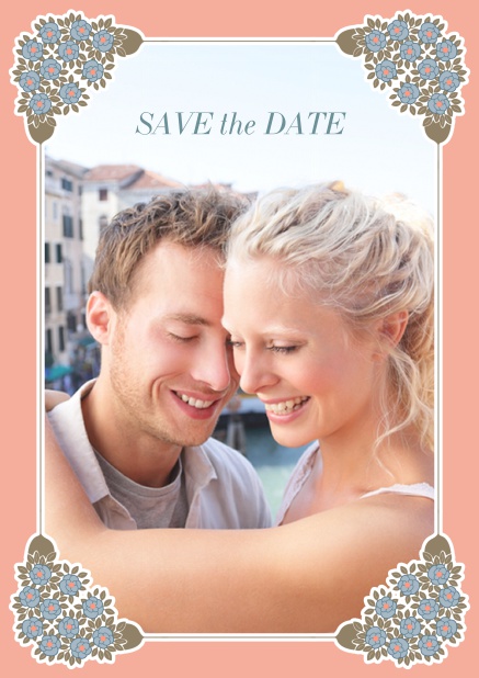 Online Wedding save the date with photo field on the front and art-nouveau ornament corners. Pink.