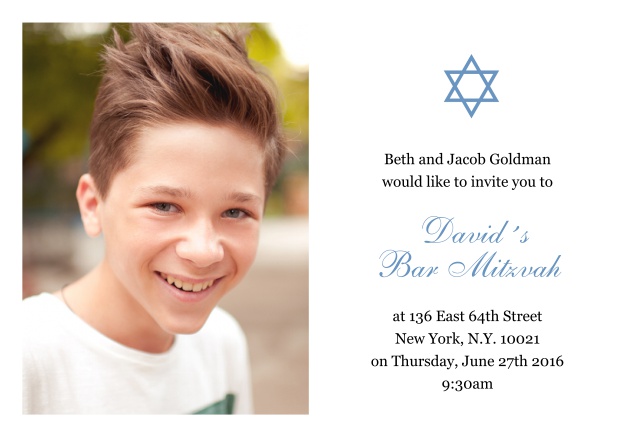 Online Weisse Bar oder Bat Mitzvah Einladungskarte mit Foto und Davidstern in auswählbaren Farben.