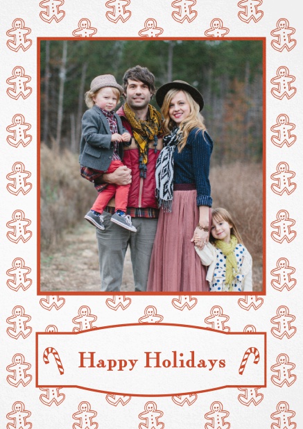 Christmas card with large photo field surrounded by cinnomom cookies. Red.