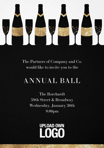 Cocktail invitation card design with wine glasses and bottles. Black.