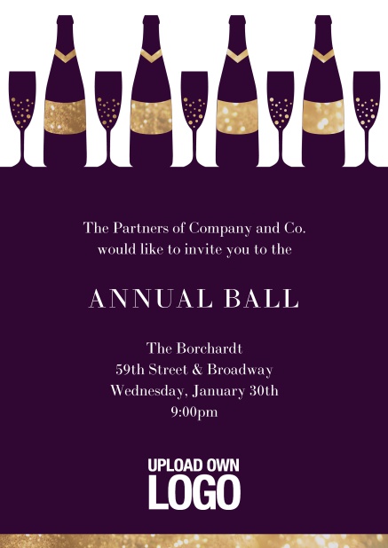 Online Cocktail invitation card design with wine glasses and bottles. Purple.
