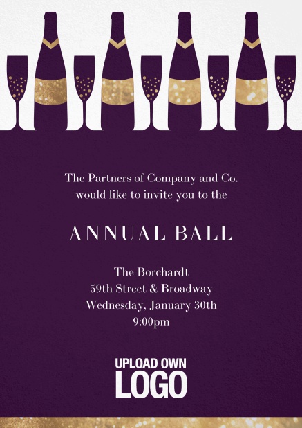Cocktail invitation card design with wine glasses and bottles. Purple.