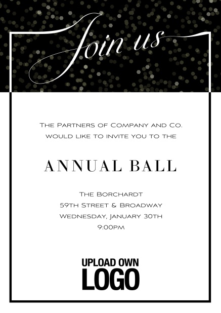 Online Cocktail invitation card with integrated Join us into the elegant frame. Black.