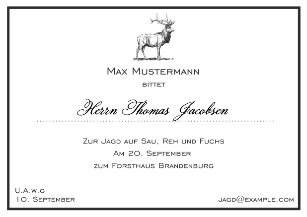 Online Classic hunting invitation card with a fine line frame and strong stag in various colors. Black.