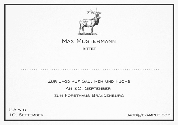 Classic hunting invitation card with a fine line frame and strong stag in various colors. Black.