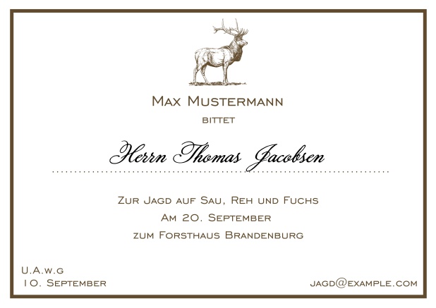 Online Classic hunting invitation card with a fine line frame and strong stag in various colors. Brown.