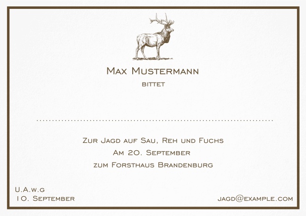 Classic hunting invitation card with a fine line frame and strong stag in various colors. Brown.