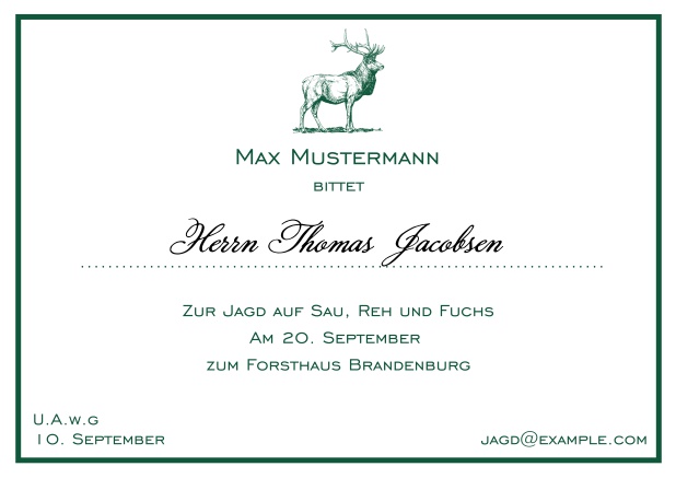 Online Classic hunting invitation card with a fine line frame and strong stag in various colors. Green.