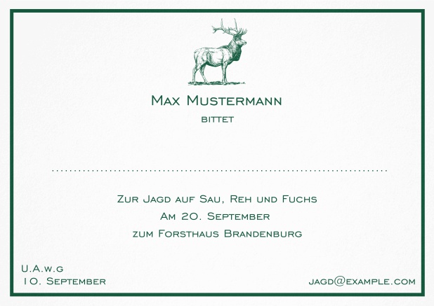 Classic hunting invitation card with a fine line frame and strong stag in various colors. Green.