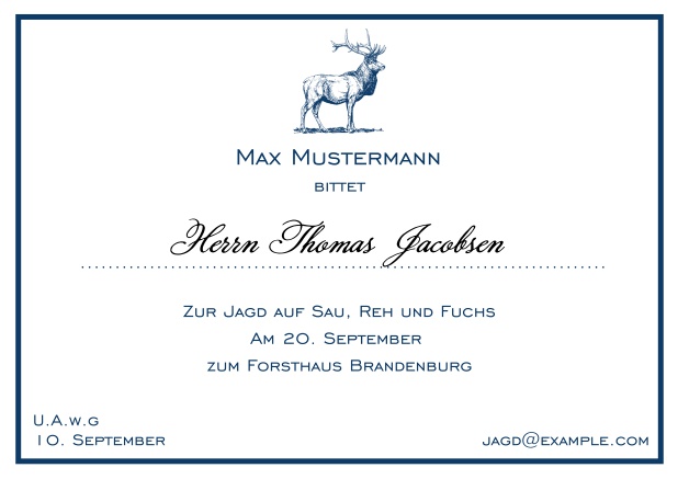 Online Classic hunting invitation card with a fine line frame and strong stag in various colors. Navy.