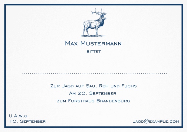 Classic hunting invitation card with a fine line frame and strong stag in various colors. Navy.