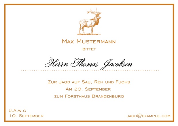 Online Classic hunting invitation card with a fine line frame and strong stag in various colors. Orange.