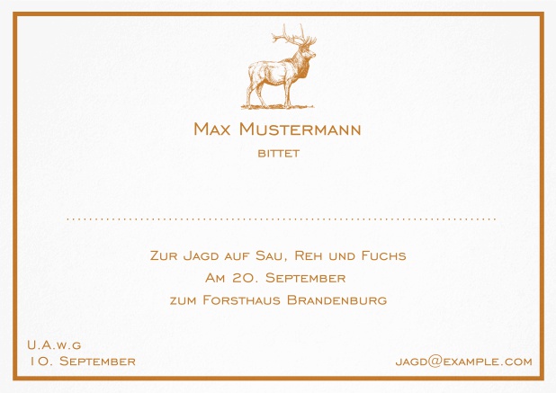 Classic hunting invitation card with a fine line frame and strong stag in various colors. Orange.