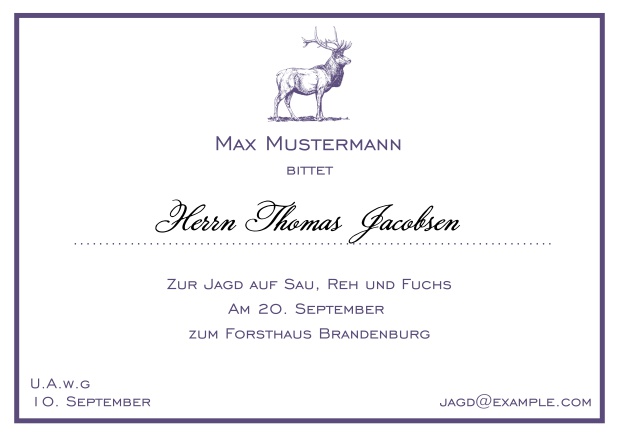 Online Classic hunting invitation card with a fine line frame and strong stag in various colors. Purple.