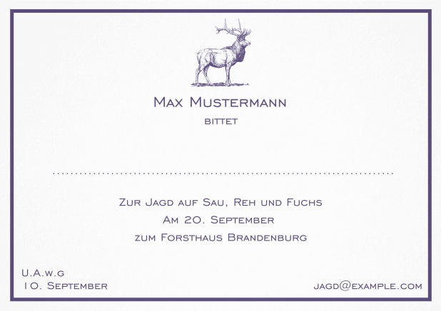 Classic hunting invitation card with a fine line frame and strong stag in various colors. Purple.