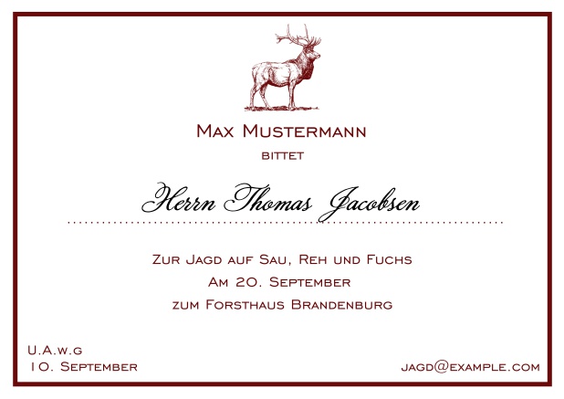 Online Classic hunting invitation card with a fine line frame and strong stag in various colors. Red.