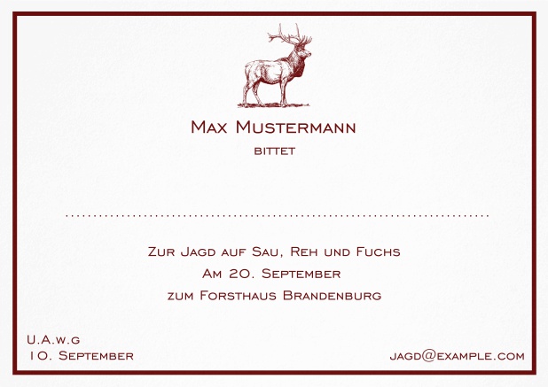 Classic hunting invitation card with a fine line frame and strong stag in various colors. Red.