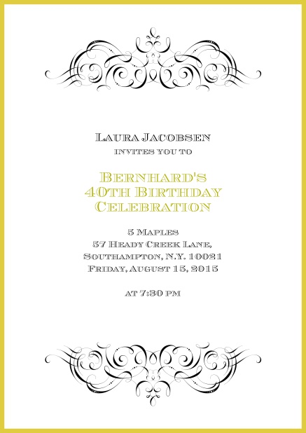 Online invitation with ornament on top and bottom for 40th birthday.