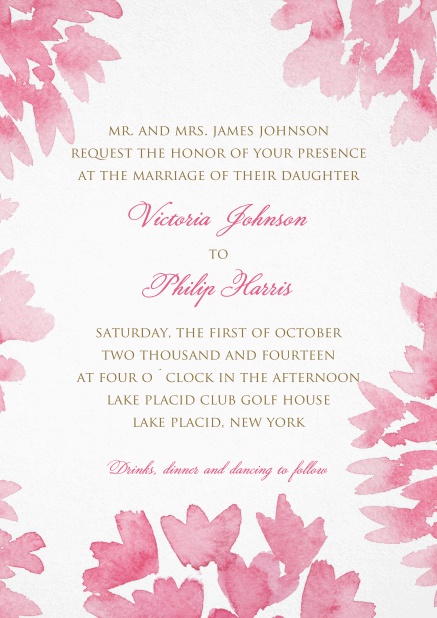 Wedding invitation Card with light pink flower frame and text in the middle.