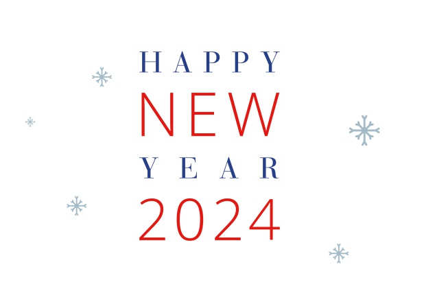 Online Happy New Year 2024 Karte in Rot, Blau und Weiß.