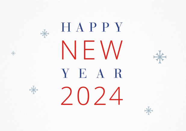 Happy New Year 2024 Karte in Rot, Blau und Weiß.