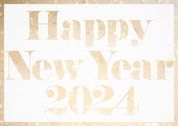 Karte mit ausgeschnittener Happy New Year 2024 Text für eigenes Foto Gold.