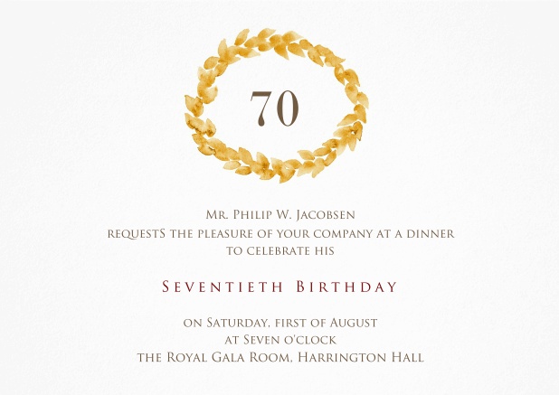 Invitation with golden wreath on top for 70th birthday.