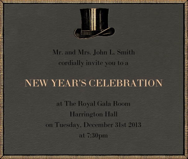 Grey celebration square format invitation card with golden border and top hat middle top of card.