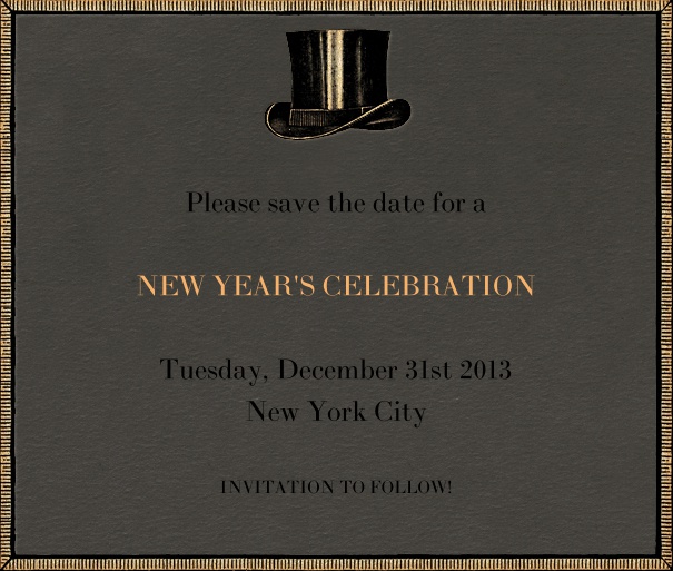 Black Event Celebration Save the Date Template with New Year's Theme and Top Hat Motif.