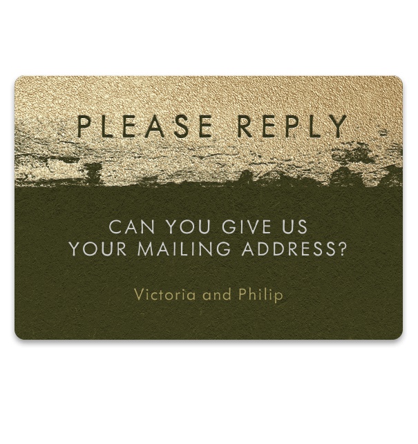 Champagne gold leaf and green collect postal address card in modern minimalist design.