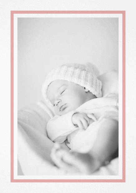 Birth announcement with photo box with pink frame and 2nd page for customizable text.