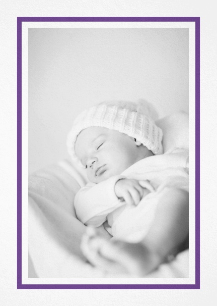 Birth announcement with photo box with pink frame and 2nd page for customizable text. Purple.