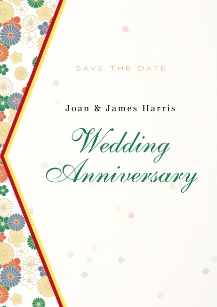 online Einladungskarte zum Hochzeitstag mit bunten Blumen auf der linken Seite.