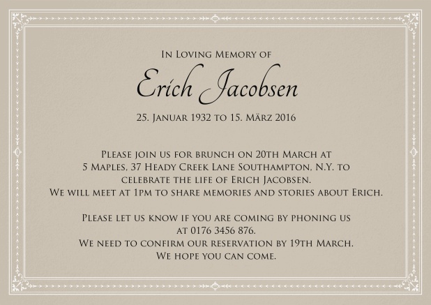 Classic Memorial invitation card in various colors with fein lines as a frame.